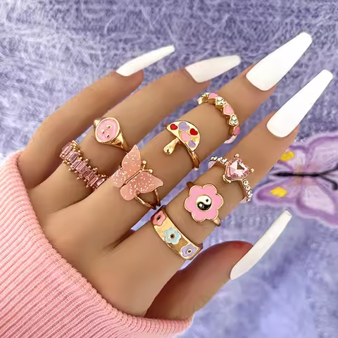 Pink Acrylic Butterfly Knuckle Ring Set For Women Crystal Enamel Mushroom Yin Yang Flower Rings Girl
