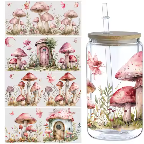 5 Sheets Mushroom Forest UV DTF Cup Stickers, DTF Transfer Stickers, Waterproof Wipeable Transfer Pa