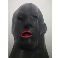 3D Latex Closed Open Eyes Rubber Hood Fetish with Red Mouth Gag Nose Tube for Men Head Around (58-63cm) Women (54-57)