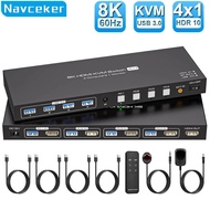 Navceker 8K HDMI KVM Switch 1 Monitors 4 Computers 4K 144Hz 4x1 USB 3.0 KVM Switch for 4 PC Share Ke