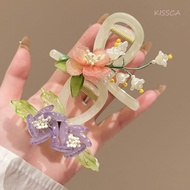 KISSCA Hanfu Hair Crab Clip, Flower Acrylic Chinese Style Hair Catches, Trendy Ponytail Holder Hair Catches Hair Accessories Ancient Hair Claw Summer Accessories