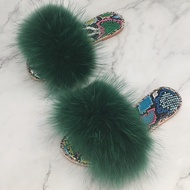 Women Flip Flops With Fur Summer Fluffy Slippers Slides Female Crystal Sandal Real Fox Fur Slippers Ladies Jelly Shoes Indoor