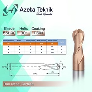 Ballnose 8 mm or R4 shank 8 mm long 60 I 100 I 150 mm Flute 2 HRC55 Ballnose 8mm Carbide