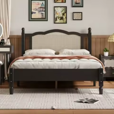 Platform Bed with Rattan Headboard, Wood Platform Bed with Headboard, Rattan Bed Frame Wood Bed Fram