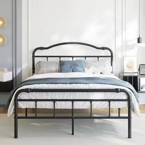 Full Size Eighteen Inch Metal Platform Bed Frame With Vintage Wrought Iron Headboard And Footboard H