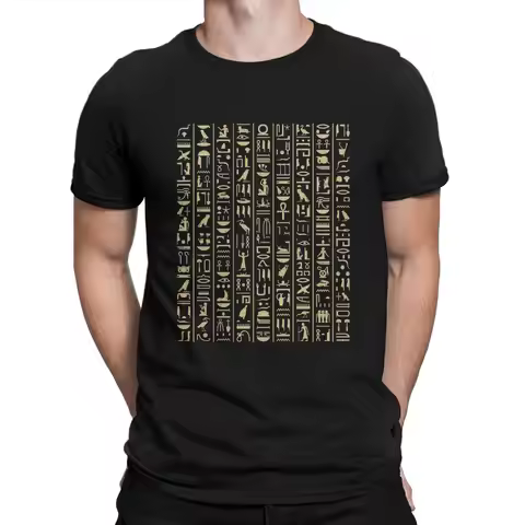 Magic Egyptian Ancient Egypt Culture Creative TShirt for Men Black & Gold Hieroglyphics Round Neck P