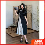 【SADO】复古国风 中式连衣裙 90KG大码胖mm 旗袍 显瘦 夏季 改良旗袍裙 短袖收腰裙子 Gaun gaya Cina retro 90KG saiz besar lemak mm cheon