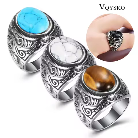 Wholesale Retro Jewelry turquoise Stone Rings For Men Titanium Steel Inlaid Three Colors Onyx Ring M