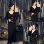 Women's Ribbed Long Sleeve Dress Set with Red Bow - Women's Set 2 Piece Sexy Figure