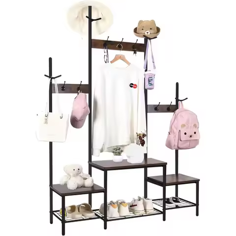 Parent-Child Hall Tree Entryway Bench with Coat Rack Sturdy Shoe Rack Storage, 3-in-1 Functional Hal