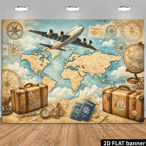 2D Plane Retro Travel Theme Background Cloth - Elements of the Old World Map, Global Travel Theme Ev