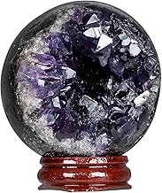 Yatming Amethyst Crystal Ball with Wooden Stand, Reiki Healing Stone Sphere Figurine Natural Geode Amethyst Cave for Divination and Feng Shui Home Decoration, 2.4-2.76 Inches