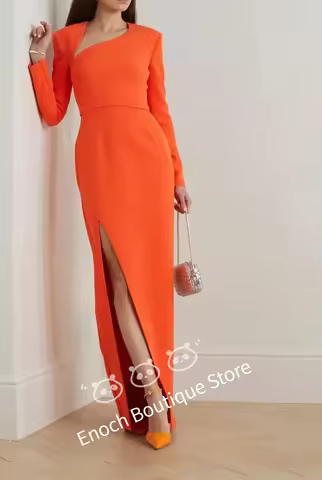 ENOCH Custom made Elegant Long Orange Crepe Evening Party Dresses With Slit Sheath Wrapped Neck فسات