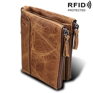 7svf Real Cow Leather RFID Men's Wallet Double Zipper Short Wallet Clip Coin Pocket Retro High Quality Brand Men's WalletMen Wallets