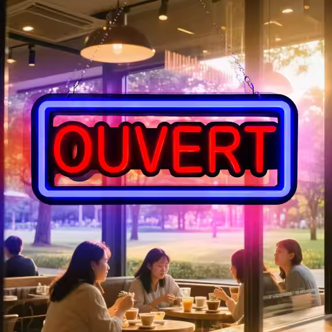 Ouvert neon lights, blue and red glowing French business sign suitable for decoration bar and store 