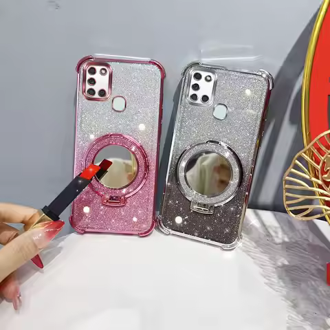 Glitter Four-Corner Shockproof Phone Case with Mirror Stand Beaded Strap For Samsung Galaxy A21s A 2