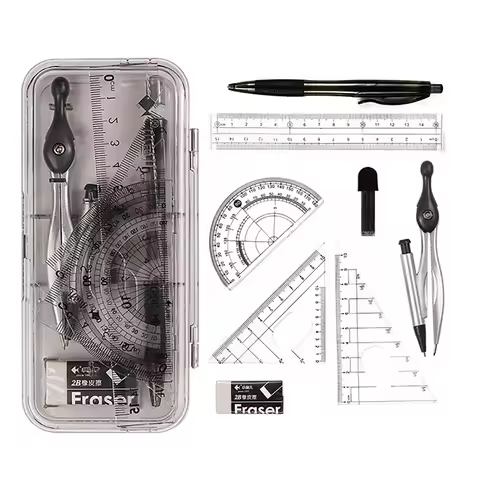 8-Pcs Math Geometry Drawing Tools Set with Stationery Box Circle Gauge Compass Ruler Student Supplie