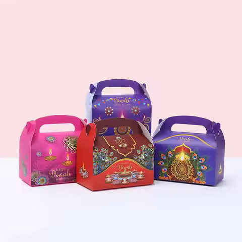 12/20 Pcs Gift Boxes Portable Handle Paper Box Festival Candy Cookie Treat Packaging Box Happy Diwal