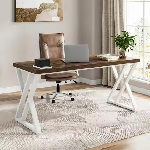 Modern Walnut White 55 Heavy Duty Computer Desk Study Work Desk 23 6 D x 55 1 W x 29 5 H Z Shaped Me