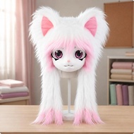 [dimccapyh] Furry Head Mask Soft Furry Creature Hood Funny for Convention, Black White