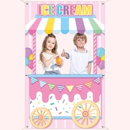 Ice Cream Shoppe Photo Prop Backdrop for Girl's Ice Cream Birthday Party Decorations Fabric Sweet Ic