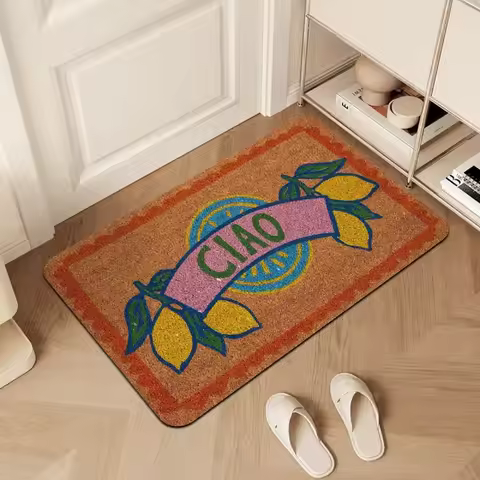 Retro Ciao Ribbon Welcome Mat Fresh Yellow Lemon Decorative Floor Rug Aesthetic Cottagecore Entryway