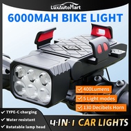 Bicycle Headlight 6000mah Power Bank Bike Light USB Rechargeable Horn Waterproof Handlebar Mount