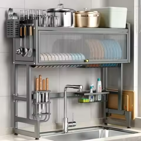 Over The Sink 3 Tier Dish Drying Rack with Cover Matte Gray Space-Saving Dish Drainer for Kitchen Si