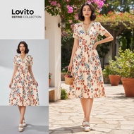 (trendy3)(Lovito Refine) Boho Dress Ruffle Neck Soft and Comfortable Spring/summer Dress for Women L
