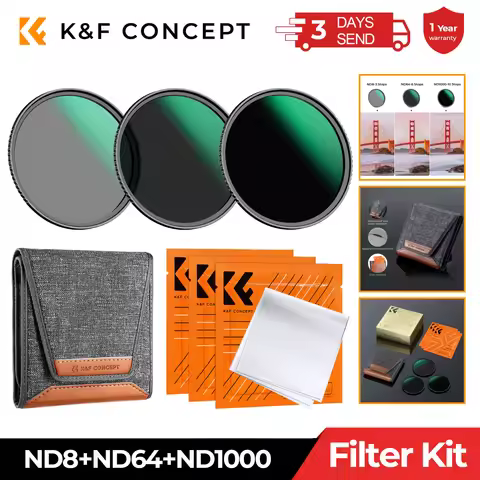 K&F CONCEPT ND8 ND64 ND1000 Lens Filter Kit 49-82mm with 3 Vacuum Cleaning Cloths and Filter Pouch f