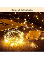 1包100支10m銅線串燈,由3aa電池盒驅動,帶有暖白色燈具,適合於婚禮、派對、家居裝飾、聚會等場合使用