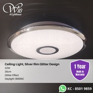 LED Ceiling Light Magnetic Base Surface Mounted Ceiling Lamp, Silver Rim, Glitter Effect, 32W, 35cm
