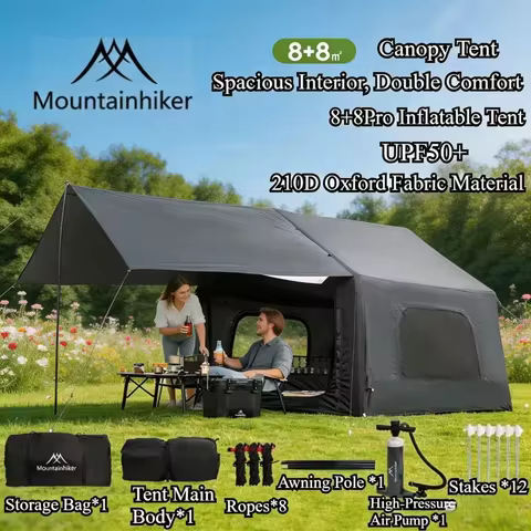MOUNTAINHIKER 8+8m² Inflatable Tent Camping 4-6 Person Waterproof Family Awning Beach Tent Quick Ope