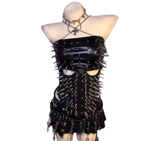 Goth Corset Tops with Spikes Punk Rock Clothes Emo Clothing Spiked Y2K T-shirt Rave Festival Outfit 