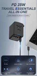 4 USB 和 Type-C + 35W PD 智慧型 USB 充電器電源插頭插座帶 LED 訊號便攜式通用旅行適配器  4 USB and Type-C + 35W PD gfyckp Smart 