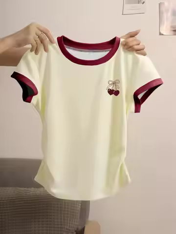 SHEIN Women's Polka Dot Print Ruched Waist Fitted T-Shirt, Suitable For Photography, Street, Festiva