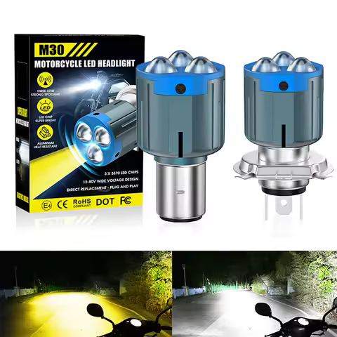 1PC LED H4 H6 Motorcycle Headlight Bulb BA20D 3 Lenses Spotlight White Yellow Lime Hi Lo Beam Moto S