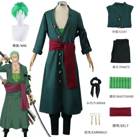 Anime Roronoa Zoro Cosplay Costume Uniform Green Coat Belt Pants Head Scarf Roronoa Zoro Wig Earring