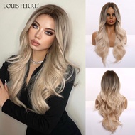 LOUIS FERRE Long Wavy Wigs Ombre Light Blonde Synthetic Wigs for White Women Middle Part Heat Resist