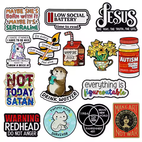 Low Social Battery Funny Jesus Quotes Enamel Pin Cartoon Cat Otter Brooches Lapel Badges Narcissus J