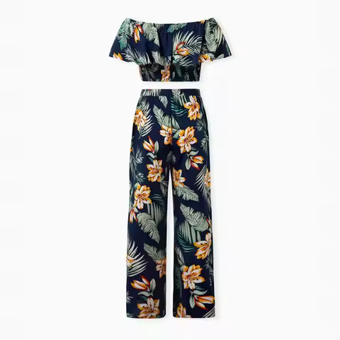 PatPat Mom Tropical Floral Ruffled Off-the-Shoulder Blouse and Pants Set.