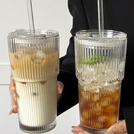 1pc Striped Glass Cup With Reusable Glass Straw & Leakproof Lid - 20.29oz/600ml Aesthetic Tumbler, H