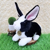 Black and White Rabbit Doll, Brown Necklace, Lying Black and White Rabbit Bunny Doll