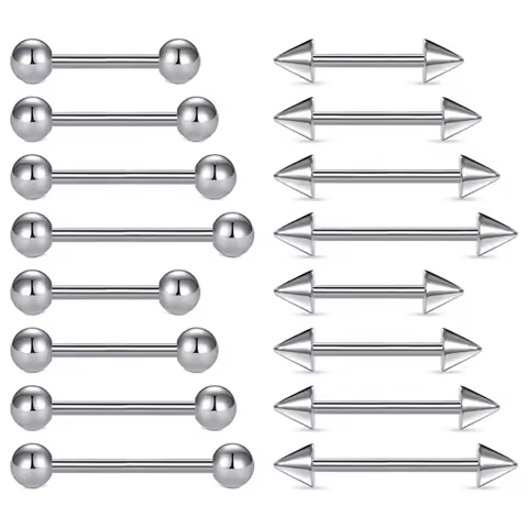 16pcs 14G Stainless Steel Nipple Rings Tongue Rings Straight Barbell Bars Piercing 12mm 14mm 16mm 18