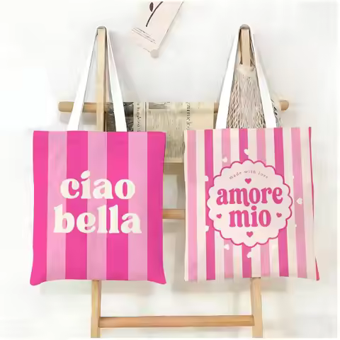 Cool Pink Striped Ciao Bella Storage Bags Canvas Tote Bag Women Large Capacity Reusable Shopping Sho