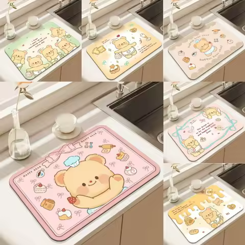 Kawaii Butter Bear Design Diatomite Rubber Kitchen Mat Absorbent Non Slip Dish Drying Pad for Coffee