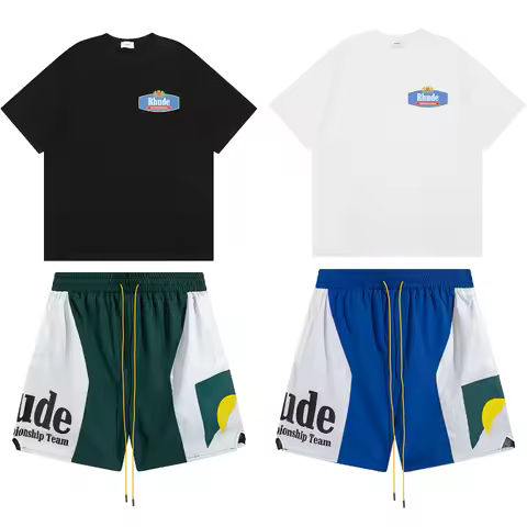 2026 New RHUDE Men's Color Block Shorts Big Logo Print Drawstring Waist Casual Streetwear Shorts Bea