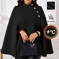 Chic Women's Black And Gold Stand Collar Cape Blazer Button Detail Warm Skin Friendly Fabric Perfect