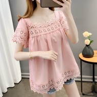 2022 Summer Clothes Large Size Women's t-Shirt Fashion One-Neck Short-Sleeved Top Women's Hollow Solid Color Lace Shirt Women New Style Large Size Top Women Fashion Women's Korean Style Tops