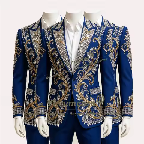 Hand Embellished Suits Men Slim Fit 2 Piece Single Breasted Jacket Pants Customized Groom Dinner Par
